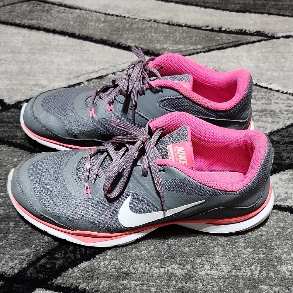 NIKE FLEX TRAINER 5 GRAY & PINK WHITE SWOOSH ATHLETIC SHOES 9.5